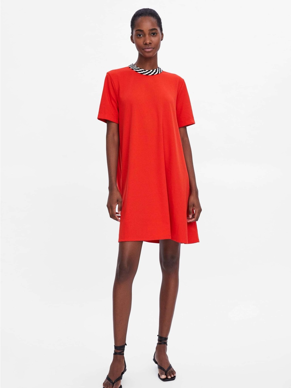 Zara Red Short Sleeve Mini Dress with Black-and-White Contrast Collar